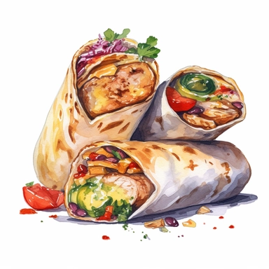 Burritos realistic detailed, watercolor clipart, white background