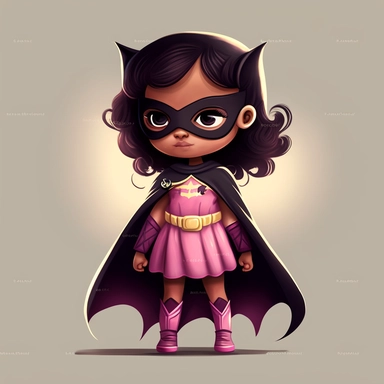 full body happy, smiley and cute little superhero child with black eye mask, cape and pink dress, looking ahead, in clipart style
