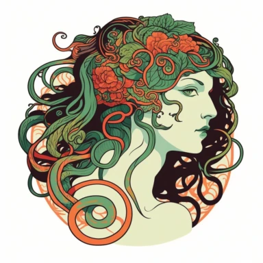 Medusa snake hair, art nouveau, bright colours, clipart, centred, white background