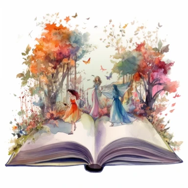 An opened book with watercolor floral design, with women group in it, in the style of fictional landscapes, peculiar fantasy, dreamlike illustration, magical, clipart, white background, vector image* *