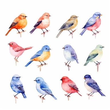watercolor, cute birds clipart, white background, high resolution, Fine details