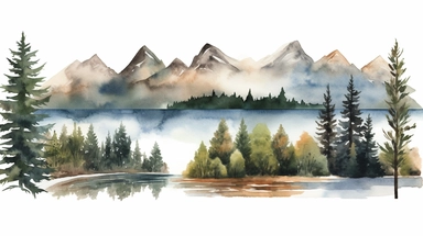 A collection of watercolor clipart images showcasing beautiful landscapes, with mountains, forests, lakes, and rivers, painted in a mix of bold and muted shades of green, blue, and brown, with fine brushstrokes and speckles adding depth and texture to the scenes. The clipart also includes wildlife such as birds, deer, and bears, bringing the landscapes to life. Watercolor painting, using high-quality watercolor paper, fine brushes, and various shades of green, blue, and brown paint pigments.
