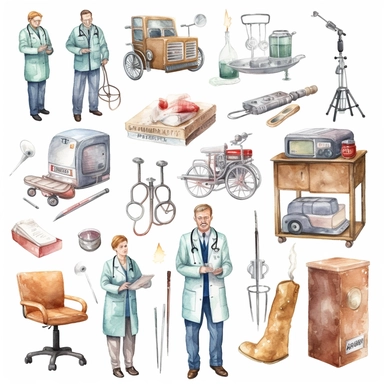 watercolor doctor related scenes , illustrations clipart set, simple, , cartoon elements ,different variants , glucometer, insulin syringe, nurse, doctor, stethtescope, mechanical body weighing scale, tweezers, microscope, ambulance, , separate elements with a margin