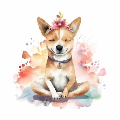cute dog doing yoga exercise, yoga lotus flower background, watercolour clip art