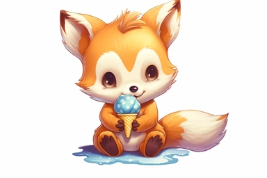 cute anime baby fox eating ice-cream clipart, fruit around, hd, on white background, spaced out