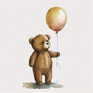 Watercolor brown fluffy jointed plain Teddy Bear standing and holding a balloon on a stick, clipart, happy, white back ground, no captions or text