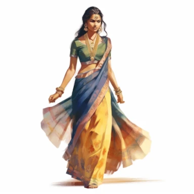 watercolor style, full body view, beautiful woman from India wearing traditional clothes, very detailed, realistic, clipart, isolated on white background, 4K