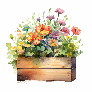 clipart, a watercolor painting of a wooden flower box filled with beautiful flowers and plants, in the style of yanjun cheng, colorful animations, rough clusters, clean and simple designs, leica cl, warm color palettes, colorful washes, white background--ar 34:33