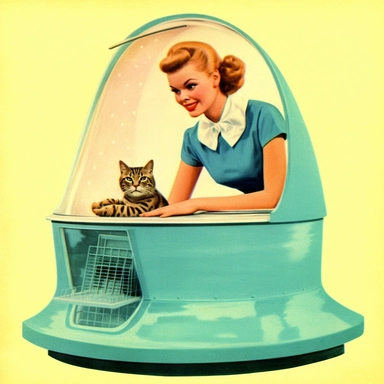 Clipart advertisement of atomic cat brand cat litter box mid-century modern