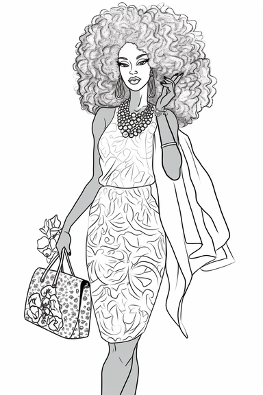 Coloring pages for adults, clean lines, beautiful african american women, afro, one flower in hair, clipart, fashion, full body, purse, heels, pantss, skirts,, necklace, shirt, handbag, boss