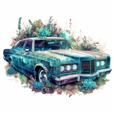 A stunning old retro car takes center stage in a Tron-inspired landscape, Limousine retro car, clipart, floral, watercolor splash, eucalyptus. The classic car boasts futuristic modifications, including neon accents and sleek digital paneling, merging the elegant lines of the vintage vehicle with the high-tech aesthetics of the Tron universe, white background, splash