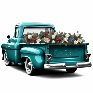 chevy pickup truck filled with teal roses in the back clipart,hd, white background