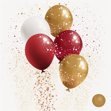 Red and Gold Balloons Clipart, glitter balloon png digital overlays with glitter confetti for birthdays, white background, no shadows