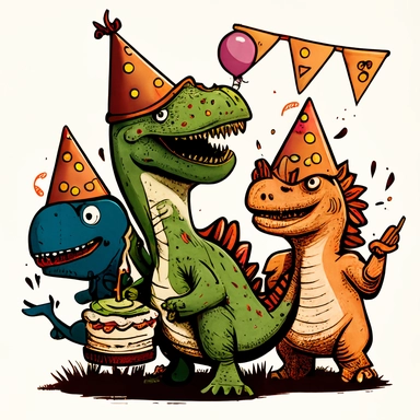 Dinosaur Birthday Boy celebrating with other dinosaur friends, sticker, clipart, happy, friends