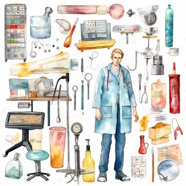 watercolor doctor related scenes , illustrations clipart set, simple, , cartoon elements ,different variants , glucometer, insulin syringe, nurse, doctor, stethtescope, mechanical body weighing scale, tweezers, microscope, ambulance, , separate elements with a margin