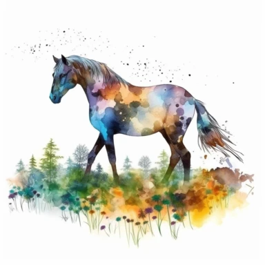 detailed watercolor clipart, photography style, beautiful horse, in a meadow, full body, spring floral,self shadow, white background