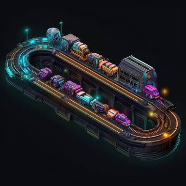 isometric, spritesheet, game assets, futuristic hover train tracks, isometric perspective, game sprite, sci-fi, cute, fun, creative, cartoon, clipart, hyper-detailed, black background