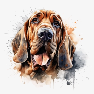 cute Bloodhound dog portrait, full face, centered shot, side shot, dynamically posed, in action, playful mood, happy mood, playing mood, cute face, adorable smile, childlike eyes, clean watercolor illustration, white background, nursery baby imagery, painting, detailed, 8k, PNG, clipart,