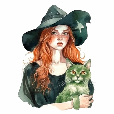 portrait of a beautiful wizard girl with red hair in a green hat, in a beautiful dress with a black cat on her shoulder on a white background, Cottagecore vintage clipart, highly detailed painting, watercolor illustration on a white background