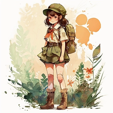 a cute scout girl, clipart, full body, in nature, watercolor