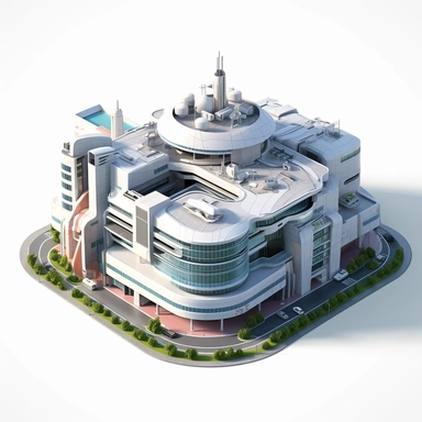 City Hospital Building futurestic building, starwars clipart, 4K, white background , 3/4 angle, top angle