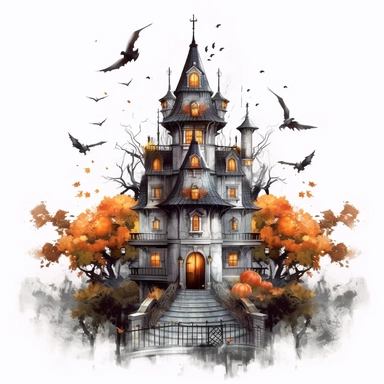 Clipart, oil paint, halloween haunted palace with bats and pumpkins, smooth color, 8k white background,---q3