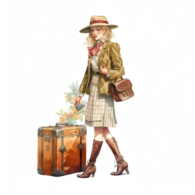 A vintage young lady carrying a Leather brown retro bag, floral, james christensen style, illustration Watercolor hand painted vintage suitcase design. Travel concept clipart, white background with margins, white background for removing background - - no text shadow font watermark