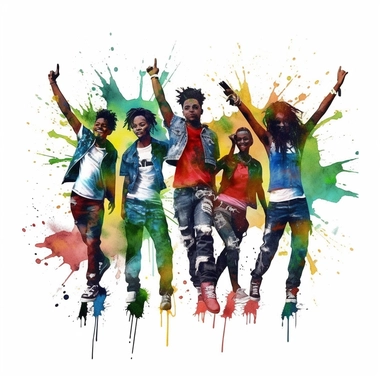 watercolor,hd, clipart,happy, in the style of jean basquiat,group, celebrating Juneteenth,full body, party, freedom,red,black and green, on white background