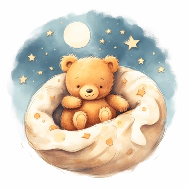 Cute teddy bear illustration, realistic adorable teddy bear sleeping on a soft moon surrounded by stars, sleepy happy clipart, nursery style clipart, Nursery Animals Art, Kids Wall Art, Kids Room Decor, Baby Room Decor, isolated on white, ultra - detailed, high quality, ghibli style, award winning