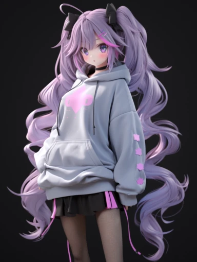 3d anime style, 3d, 3d model, 3d anime model, anime girl, long purple ponytails with blue highlights, dark pink eyes, blushing, oversized grey hoodie, hair clips, thigh highs, stockings, pearl necklace, purple hair, dark pink eyes, pink eyes, shorts, pastel, cute, small, chibi, chibi girl
