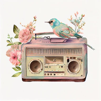 Vintage old radio ( a little floral, bird on radio) pastel watercolor clipart