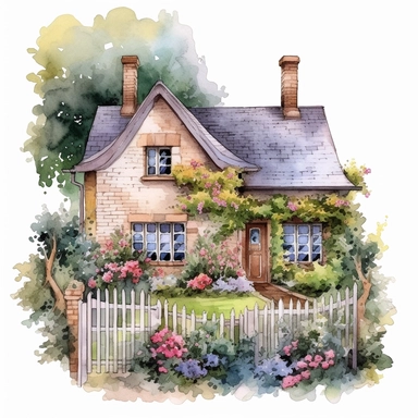 watercolour English cottage garden with a mix of colorful flowers and hedges plain background a png image that can be used as clipart