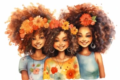 3 brown skin sisters with big hair, colorful watercolor clipart
