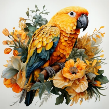 hyperrealistic ultra detailed watercolor clipart, yellow parrot with jungle flowers, white background, in the style of digital print, clipart, illustration, sticker, ultra high definition, rich details, 32K, HD