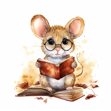watercolor clipart, cute little brown mouse wearing glasses and reading a book, soft golden glow, isolated and centered on a white background