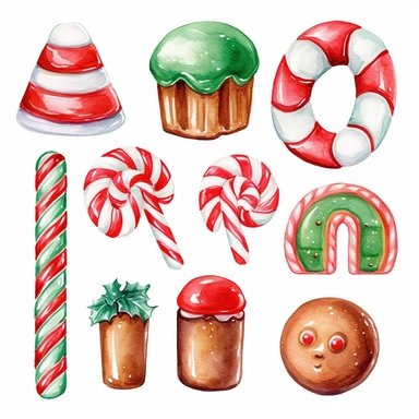 watercolour of a variety of Christmas Candies and cookies. Red and Green Gumdrops, Candy Canes, Peppermints, ginger breads, ribbon candy, clipart variations, simple, vector, 8k