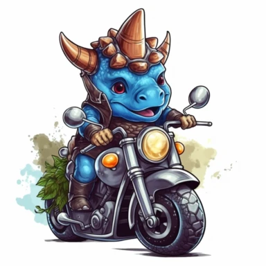 Create a clipart of a cute triceratops in a leather jacket riding a vintage motorcycle. Strong and aggressive colors. Jungle trees before a White Background, soft lighting.