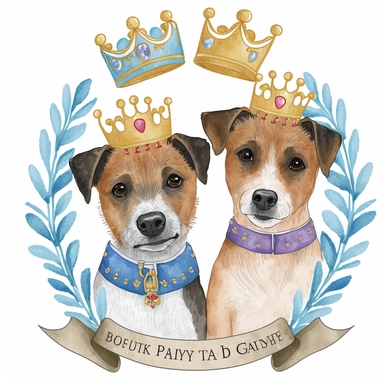 Pastel watercolour clipart svg white background of 2 smiling happy Jack Russell terrier dogs. 1st dog is brown an black fur the 2nd is light brown both are smiling, both wearing a large gold King crown on heads, place each dog face in thick shinny gold ornate frame made from gold leaves, both dogs are wearing a colourful vibrant red an blue union jack dog collar, a personlised banner at the bottom to write someone's name on.