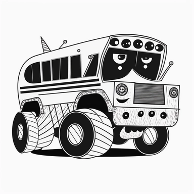 school bus monster truck : black and white line art, white background, flat, single image clipart style