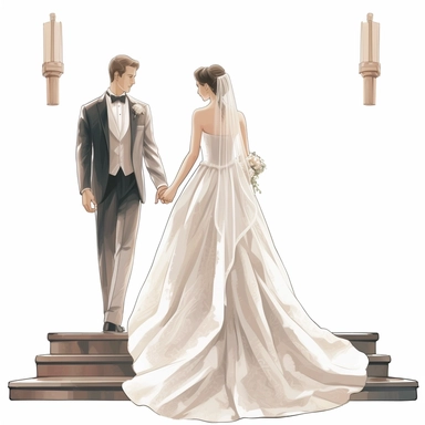 Bride and groom full body in church, fancy bride dress, high level of detail, vector clipart, white background