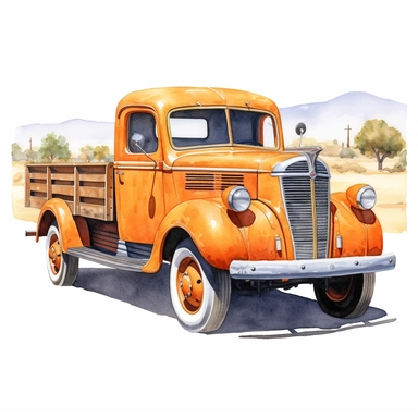 realistic watercolor drawing of a vintage american truck in California orange farm, on a white background where the background will be removed to repurpose as a clipart.