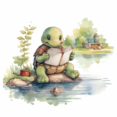 a tranquil watercolor clipart image with a white background, showcasing a cute cartoon turtle bookworm sitting by a pond, reading a book