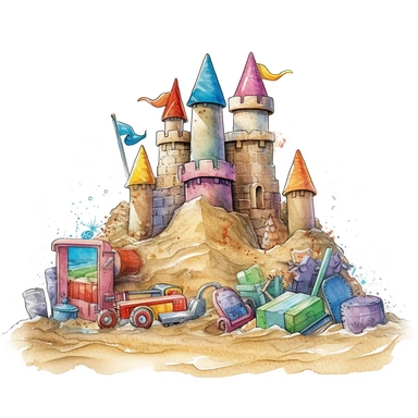 Highly Detailed image of watercolor style clip art style staged sand castles with beach toys and additional accessories on a white background