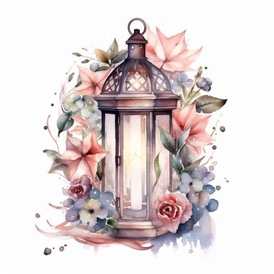 A watercolor clipart showcasing a lantern filled with twinkling fairy lights, surrounded by floral elements, evoking a magical and ethereal cottagecore ambiance , minimalist ,isolated white background,8k
