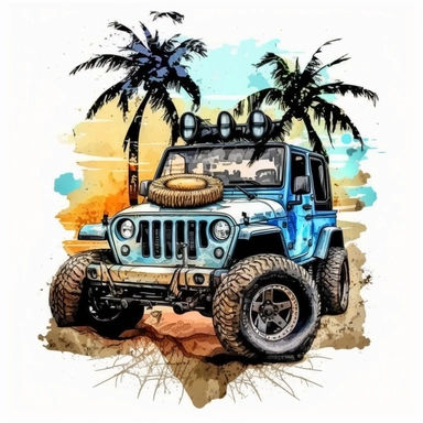 Beach Jeep Watercolor Sublimation Clipart ,Cartoon,hyper realistic, intricate detail, illustration style,high solution,on the white background