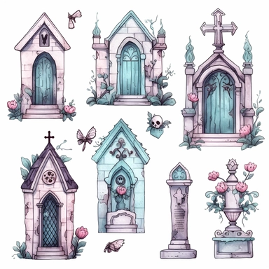 pastel Gothic cemetery things clipart on white background