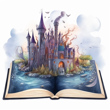 a big opened Fantasy Book Laying there with a heroic gothic and dark mystically themed scenery immerging out of the pages. The Scenery is featuring a castle, magical creatures and objects. It is drawn in a mesmerizing clear lined simple watercolor illustration style by Valentina Verlato using bold and saturated colors. It is a png clipart on a white background, it should be easy to cutout and remove the background from, so only use saturated colors around the edges of the clipart. The compositio