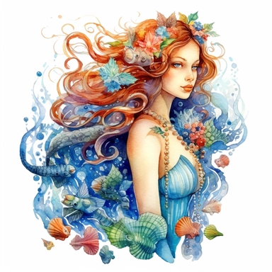 beautiful rich Russian style sea mermaid with long hair full body, sea stars, sea shells, portrait, super high quality, high resolution, watercolor clipart, natural colors, isolated white background, 8k