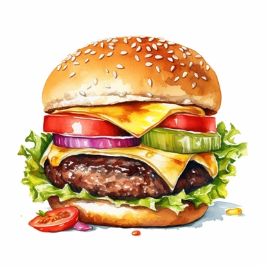 a watercolor, hyper-realistic clipart image with a white background and white margins, showcasing a classic cheeseburger with a juicy beef patty, melted cheese, lettuce, tomatoes, and pickles. The ultra-detailed, hand-drawn elements capture the textures and colors of the burger ingredients. Use bold shades of brown, green, and red to evoke the mouthwatering and indulgent nature of this fast food staple