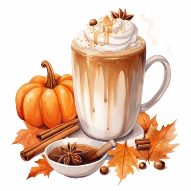watercolor pumpkin spice latte isolated, highly detailed color ink illustration, autumn season details, cute details, white background clipart 8k
